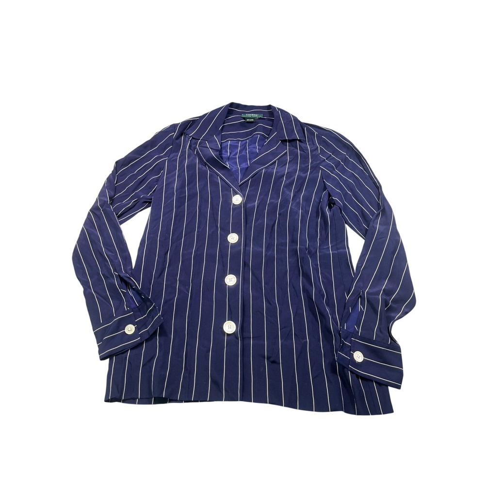 Lauren Ralph Lauren Womens S 100% Silk Blouse Navy Stripe Button Front Shirt